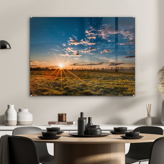 MuchoWow - Peinture sur verre - Photo sur verre - Herbe - Coucher de soleil - Nuages ​​- Nature - 80x60 cm - Décoration murale - Verre acrylique - Peinture nature - Peinture sur verre