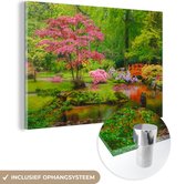 MuchoWow - Glasschilderij - Acrylglas - Bomen - Bloemen - Brug - Japan - Water - Natuur - Foto op glas - Muurdecoratie - 90x60 cm - Glasschilderij natuur - Wanddecoratie - Kamer decoratie