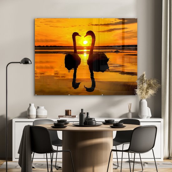 Peinture sur verre - Verre acrylique - Cygne - Coucher de soleil - Water - Vogel - Photo sur verre - 120x90 cm - Peinture sur verre oiseaux - Décoration murale - Peinture sur verre nature - Décoration murale