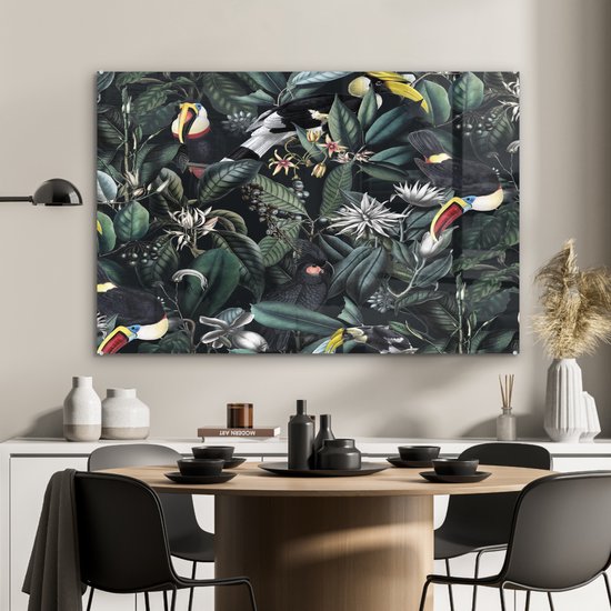 Peinture sur verre - Fleurs - Toucan - Feuilles - 120x80 cm - Peintures Plexiglas