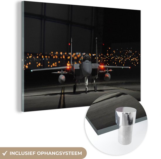 MuchoWow® Glasschilderij 180x120 cm - Schilderij acrylglas - Vliegtuig - Nacht - Oranje - Zwart - Foto op glas - Schilderijen
