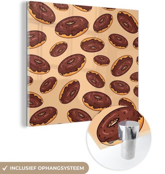 MuchoWow® Glasschilderij 90x90 cm - Schilderij acrylglas - Design - Donut - Chocola - Foto op glas - Schilderijen