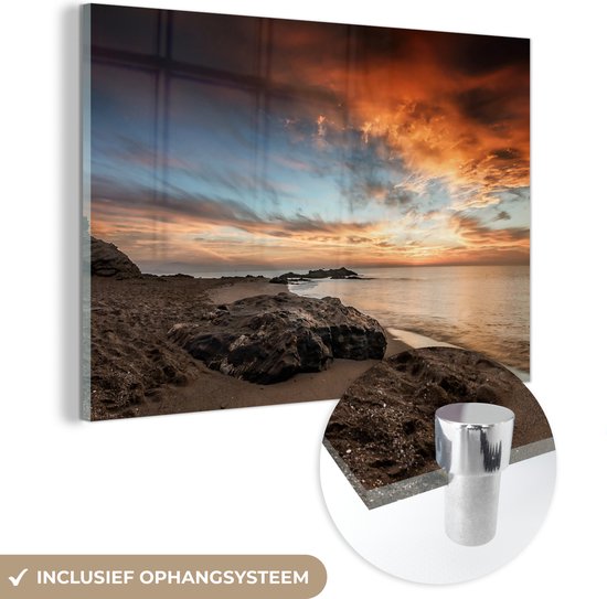 MuchoWow® Glasschilderij 60x40 cm - Schilderij acrylglas - Lucht - Zee - Strand - Foto op glas - Schilderijen