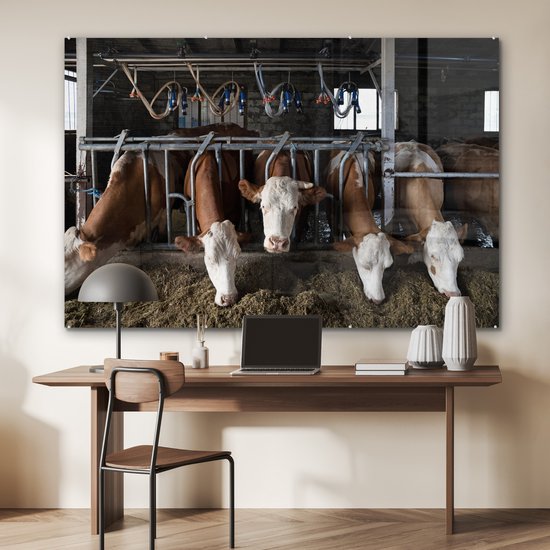MuchoWow® Peinture sur verre 150x100 cm - Peinture sur verre - Vache - Nourriture - Ferme - Photo sur verre acrylique - Peintures