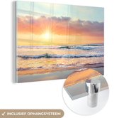 MuchoWow® Glasschilderij 180x120 cm - Schilderij acrylglas - Golven - Zonsondergang - Oceaan - Foto op glas - Schilderijen