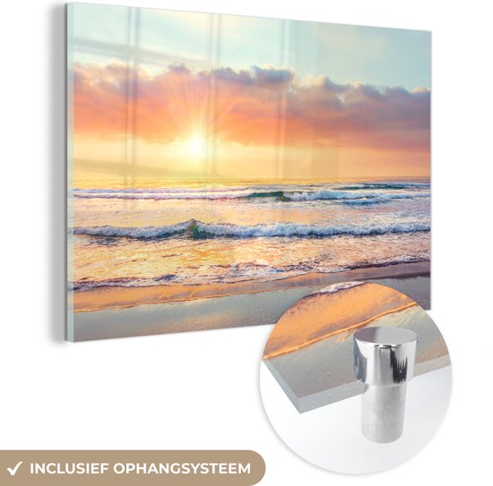 MuchoWow® Peinture sur verre 180x120 cm - Peinture sur verre acrylique - Vagues - Coucher de soleil - Océan - Photo sur verre - Peintures