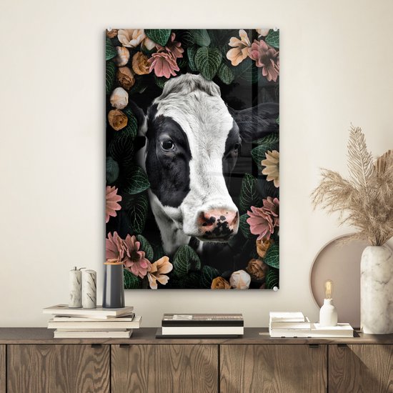 Peinture sur Verre - Vache - Fleurs - Feuilles - 40x60 cm - Peintures sur Verre Peintures - Photo sur Glas