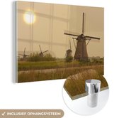 MuchoWow® Glasschilderij 30x20 cm - Schilderij acrylglas - Molen - Zon - Nederland - Foto op glas - Schilderijen