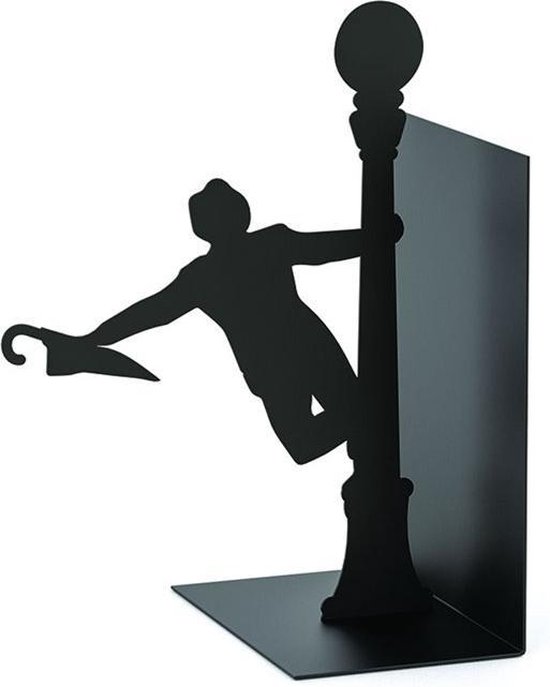 Zwarte metalen boekensteun met silhouet van zingende man met paraplu bij lantaarnpaal.