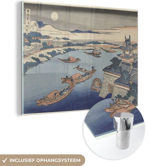 MuchoWow® Glasschilderij 120x90 cm - Schilderij acrylglas - De Yodo rivier in maanlicht - Schilderij van Katsushika Hokusai - Foto op glas - Schilderijen
