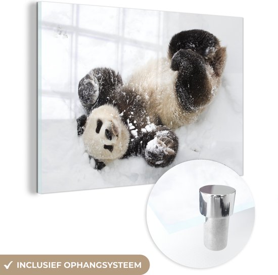 MuchoWow® Glasschilderij 30x20 cm - Schilderij acrylglas - Panda - Sneeuw - Baby - Foto op glas - Schilderijen