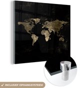 MuchoWow® Glasschilderij 20x20 cm - Schilderij acrylglas - Wereldkaart - Zwart - Goud - Foto op glas - Schilderijen