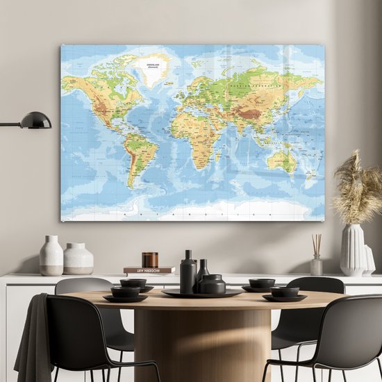 Tableau sur Verre - Carte du Wereldkaart - Géographie - Atlas - 120x80 cm - Peintures sur Verre Peintures - Photo sur Glas