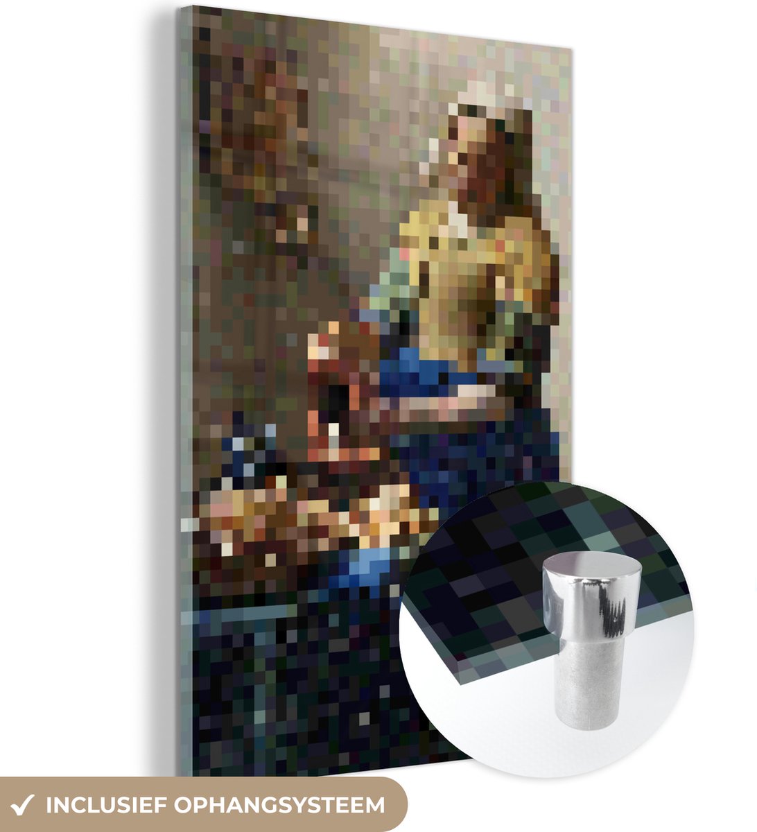 ® Glasschilderij 60x90 cm - Schilderij acrylglas - Het Melkmeisje - Johannes Vermeer - Pixel - Foto op glas - Muurdecoratie woonkamer - Wanddecoratie slaapkamer - Schilderijen