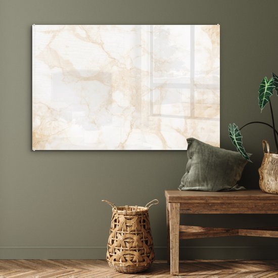 MuchoWow® Glasschilderij 90x60 cm - Schilderij acrylglas - Marmer - Wit - Goud - Luxe - Foto op glas - Schilderijen