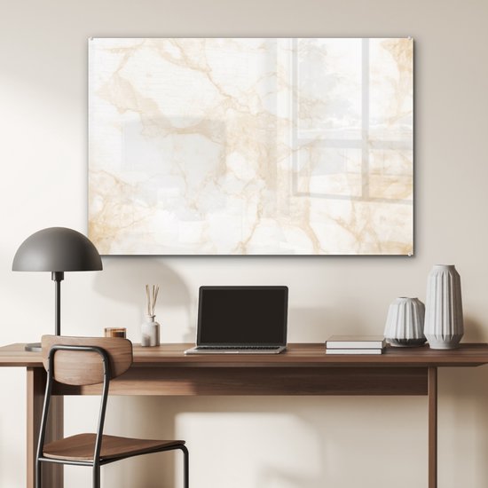 MuchoWow® Glasschilderij 90x60 cm - Schilderij acrylglas - Marmer - Wit - Goud - Luxe - Foto op glas - Schilderijen