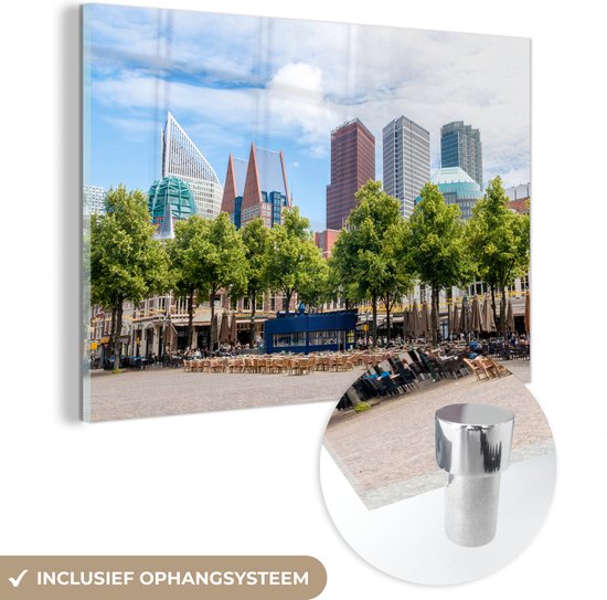 MuchoWow® Glasschilderij 30x20 cm - Schilderij acrylglas - Den Haag - Plein - Urban - Foto op glas - Schilderijen