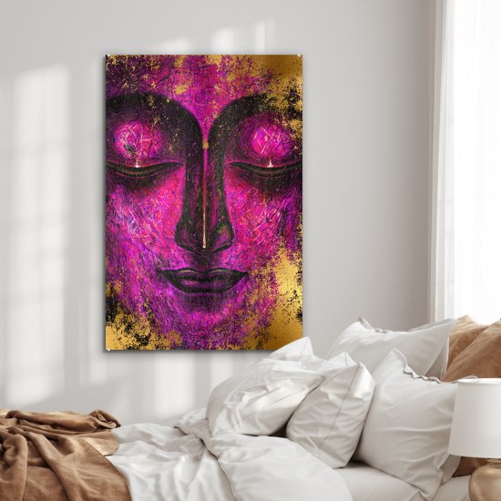 MuchoWow® Peinture sur Verre - Bouddha - Visage - Violet - 80x120 cm - Peintures sur Verre Acrylique - Photo sur Glas
