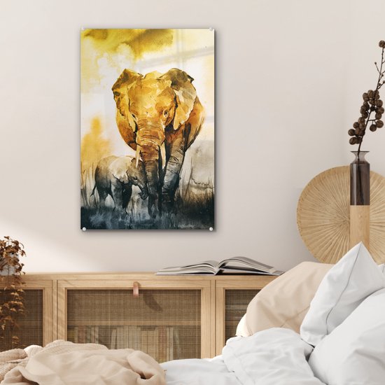 MuchoWow® Peinture sur verre 40x60 cm - Peinture sur verre acrylique - Éléphant - Enfant - Aquarelle - Photo sur verre - Peintures