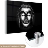 MuchoWow® Glasschilderij 150x100 cm - Schilderij acrylglas - Boeddha - Gezicht - Zilver - Foto op glas - Schilderijen