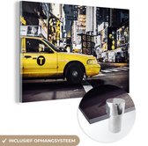 MuchoWow® Glasschilderij 30x20 cm - Schilderij acrylglas - New York - Taxi - Geel - Foto op glas - Schilderijen