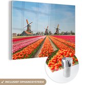 MuchoWow® Glasschilderij 30x20 cm - Schilderij acrylglas - Tulpen - Windmolen - Nederland - Foto op glas - Schilderijen