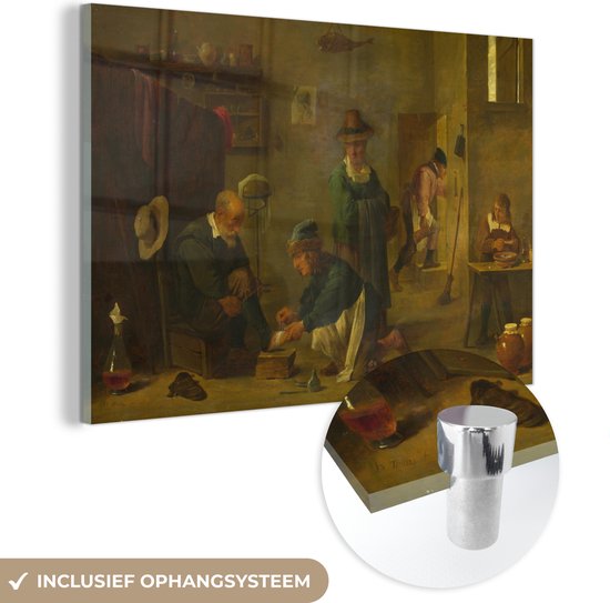 MuchoWow® Glasschilderij 30x20 cm - Schilderij acrylglas - Chirurg die de voet van een oude man neigt - schilderij van David Teniers - Foto op glas - Schilderijen
