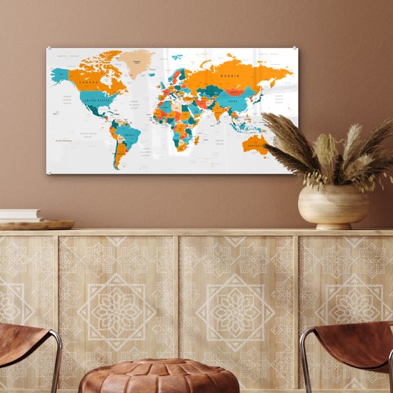 MuchoWow® Peinture sur verre 80x40 cm - Peinture acrylique sur verre - Wereldkaart - Atlas - Couleurs - Photo sur verre - Peintures