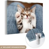 MuchoWow® Glasschilderij 150x100 cm - Schilderij acrylglas - Kitten ligt op schoot - Foto op glas - Schilderijen