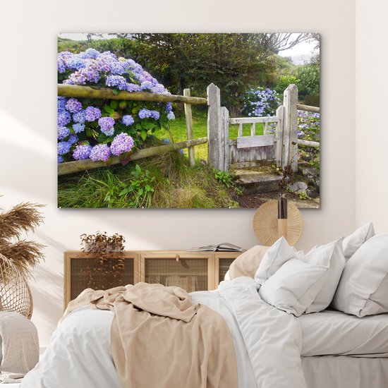 Cottage jardin aux hortensias Plexiglas 180x120 cm - Tirage photo sur Glas (Décoration murale Plexiglas) XXL / Groot format!