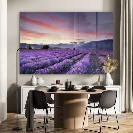 MuchoWow® Peinture sur verre 150x100 cm - Peinture sur verre acrylique - Coucher de soleil sur les lavandes - Photo sur verre - Peintures