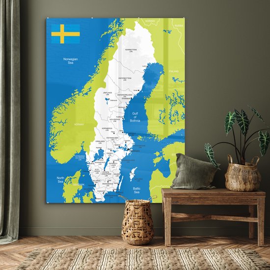 MuchoWow® Peinture sur Verre - Carte Détaillée de la Suède - 120x160 cm - Peintures sur Verre Acrylique - Photo sur Glas
