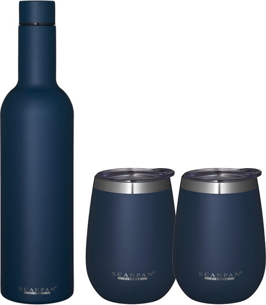 Scanpan - Cadeauset Wijnfles + 2 bekers 2GO Oxfort Blue - Dubbelwandige Drinkfles + 2 Dubbelwandige Bekers