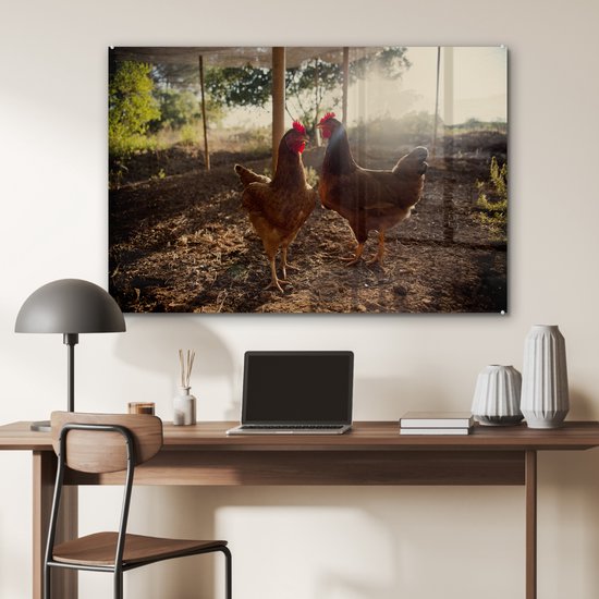 Peinture sur Verre - Deux Poulets en Course - 120x80 cm - Peintures sur Verre Peintures - Photo sur Glas