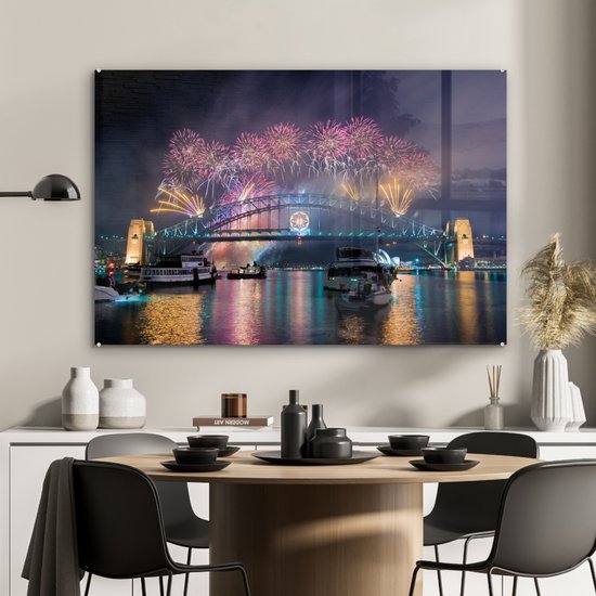 Feu d'artifice sur la ville australienne de Sydney Plexiglas 120x80 cm - Tirage photo sur Glas (décoration murale en plexiglas)