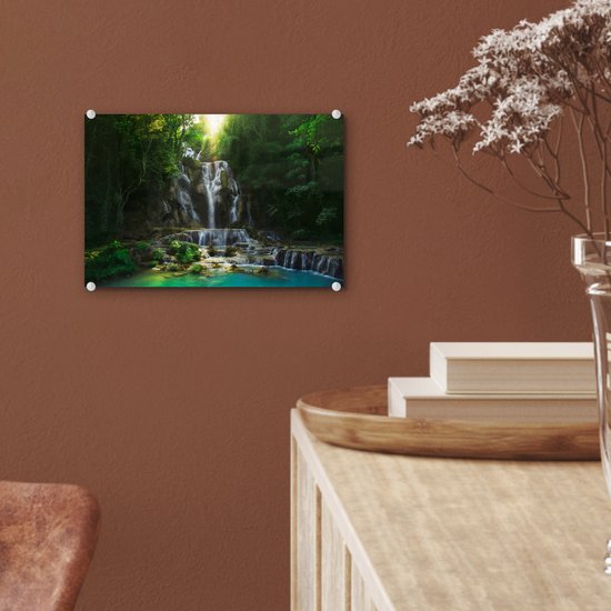 MuchoWow® Peinture sur verre 30x20 cm - Peinture sur verre acrylique - Cascade - Soleil - Arbres - Photo sur verre - Peintures