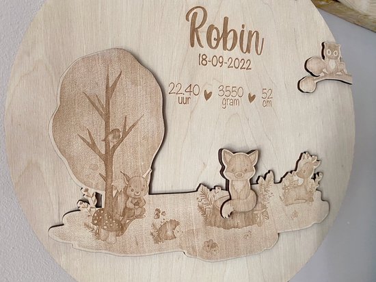 Geboortebord met naam bosdieren - Geboortebord van hout - Origineel