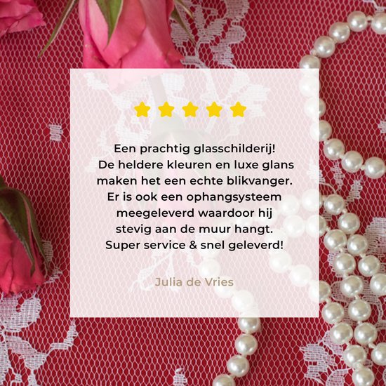 ® Glasschilderij 80x120 cm - Schilderij acrylglas - Parelkettingen langs boeket met roze rozen - Foto op glas - Muurdecoratie woonkamer - Wanddecoratie slaapkamer - Schilderijen