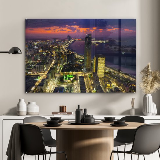® Glasschilderij 90x60 cm - Schilderij acrylglas - De skyline van Abu Dhabi in de Verenigde Arabische Emiraten met hemel - Foto op glas - Muurdecoratie woonkamer - Wanddecoratie slaapkamer - Schilderijen