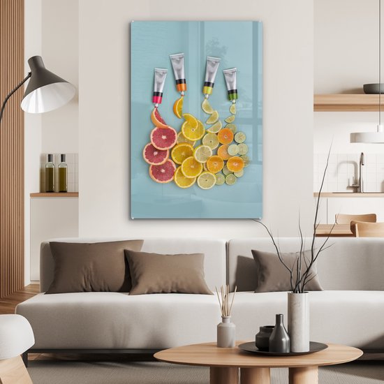 MuchoWow® Glasschilderij 80x120 cm - Schilderij acrylglas - Fruit - Kleuren - Verf - Foto op glas - Schilderijen