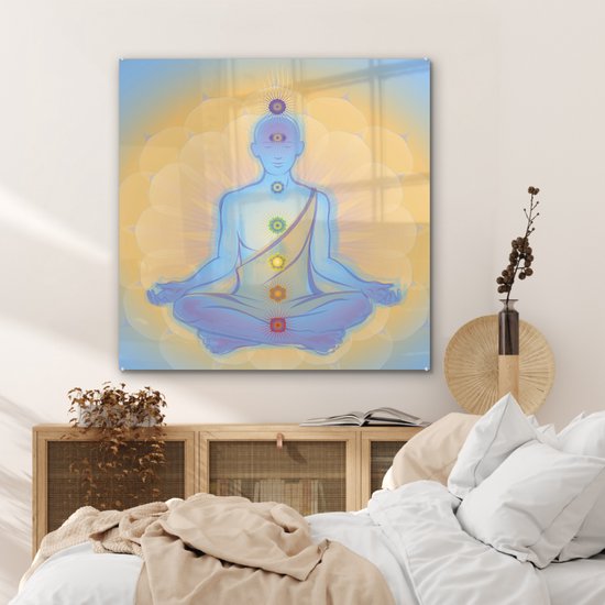 MuchoWow® Peinture sur Verre - Illustration du Moine aux Sept Chakras - 90x90 cm - Peintures sur Verre Acrylique - Photo sur Glas