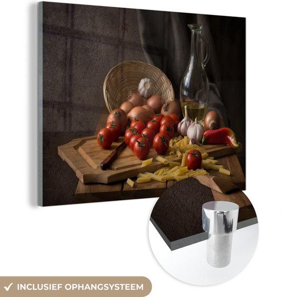 MuchoWow® Peinture sur verre 160x120 cm - Peinture sur verre acrylique - Planche à découper - Légume - Nature morte - Pâtes - Off - Tomate - Planche à découper - Photo sur verre - Peintures