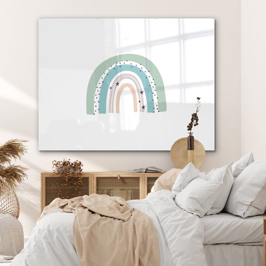 MuchoWow® Peinture sur verre 160x120 cm - Peinture sur verre acrylique - Arc-en-ciel - Enfants - Étoiles - Points - Pastel - Photo sur verre - Peintures