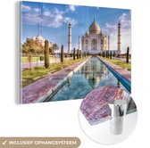 MuchoWow® Glasschilderij 150x100 cm - Schilderij acrylglas - Taj Mahal in India, Agra - Foto op glas - Schilderijen