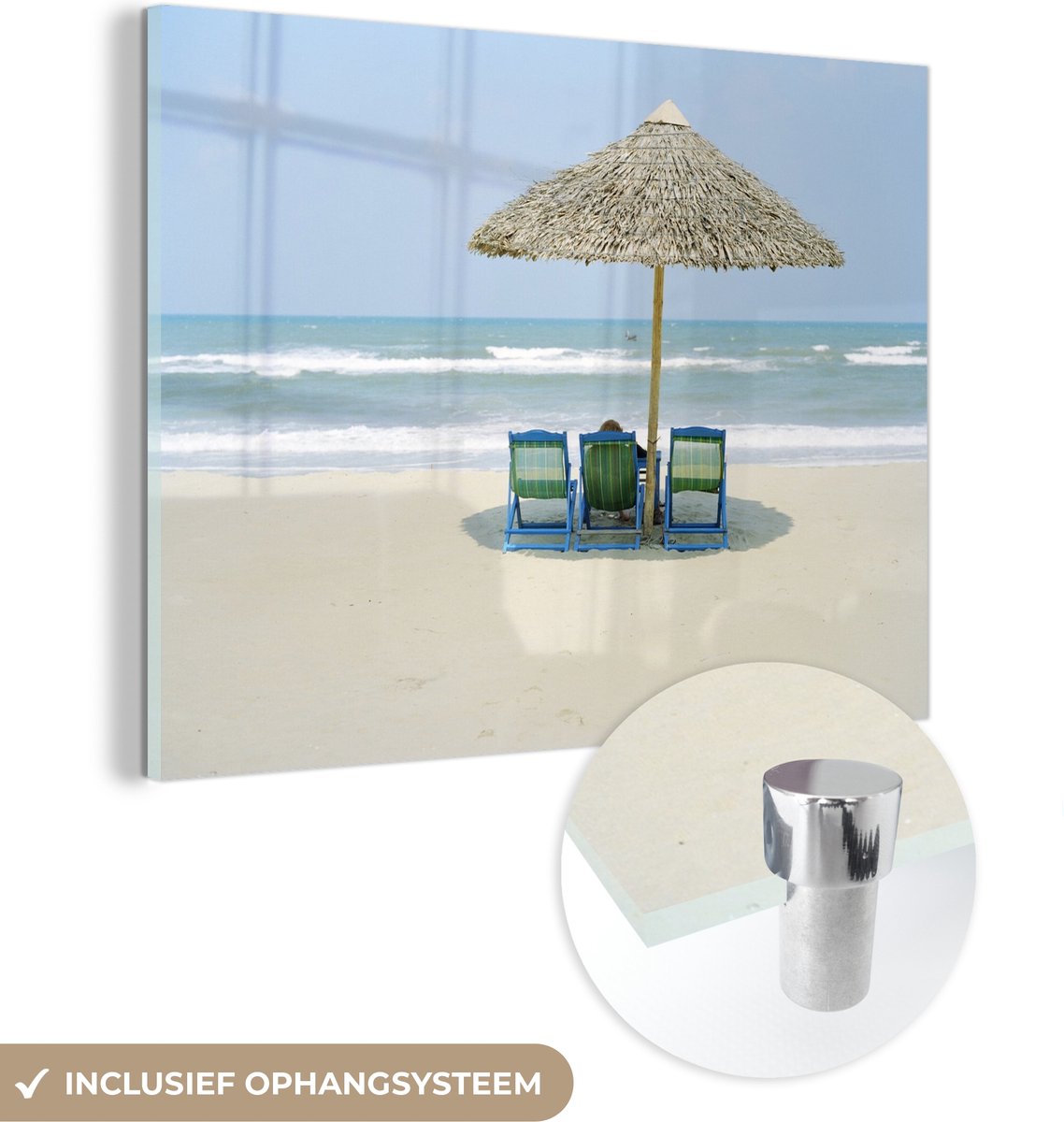 ® Glasschilderij 120x90 cm - Schilderij acrylglas - Strandstoel - Zomer - Parasol - Foto op glas - Muurdecoratie woonkamer - Wanddecoratie slaapkamer - Schilderijen