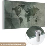 MuchoWow® Glasschilderij 120x60 cm - Schilderij acrylglas - Wereldkaart - Groen - Grijs - Foto op glas - Schilderijen