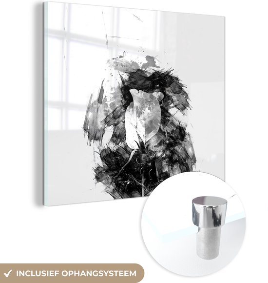 MuchoWow® Glasschilderij 50x50 cm - Schilderij acrylglas - Roos - Bloemen - Verf - Zwart - Wit - Foto op glas - Schilderijen