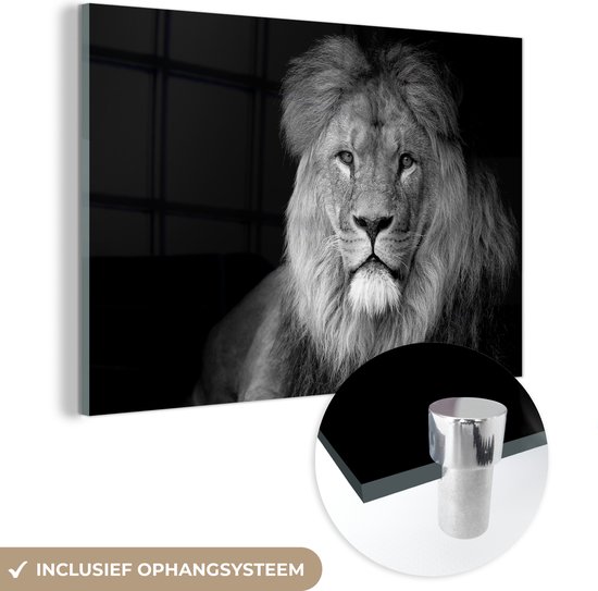 MuchoWow® Glasschilderij 30x20 cm - Schilderij acrylglas - Een leeuw weergegeven op een zwarte achtergrond - zwart wit - Foto op glas - Schilderijen
