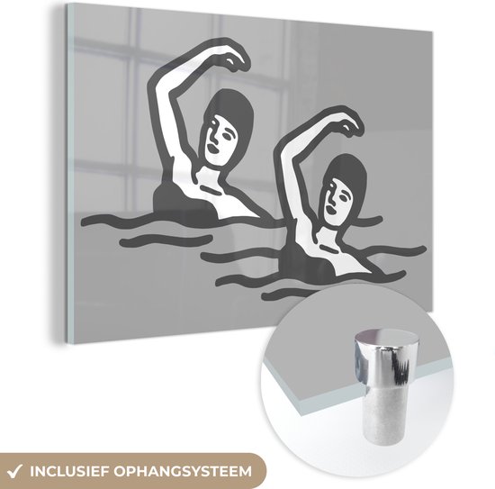 MuchoWow® Glasschilderij 150x100 cm - Schilderij acrylglas - Een illustratie van twee vrouwen die synchroon zwemmen - zwart wit - Foto op glas - Schilderijen