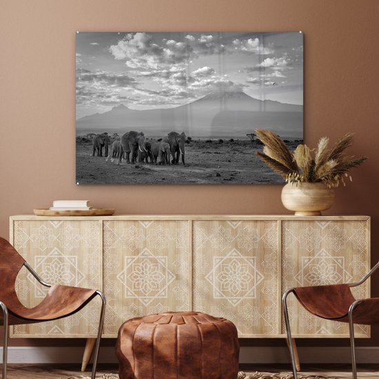 MuchoWow® Glasschilderij 120x80 cm - Schilderij acrylglas - Trekkende olifanten - zwart wit - Foto op glas - Schilderijen